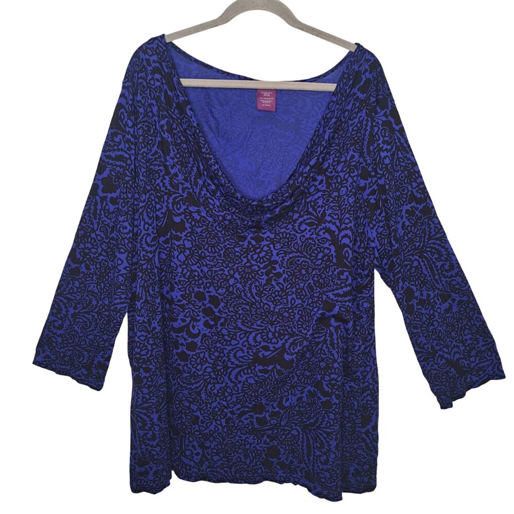 Beverly Drive Blue and Black Patterned Cowl Neck Blouse Plus Size 24-26W